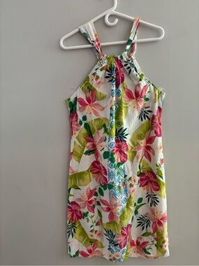 Tommy Bahama Tropical Floral Halter Dress Pink Hibiscus Green Leaf Medium Linen